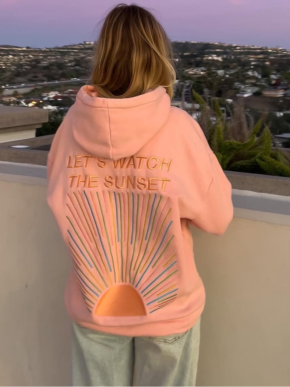 Dandy Oversized Peach 'Let's Watch The Sunset' Embroidered Hoodie